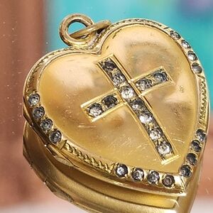 H.F.B. 12K Gold Filled Sweetheart Locket w/ Rhinestone Cross Design VTG 1930-50